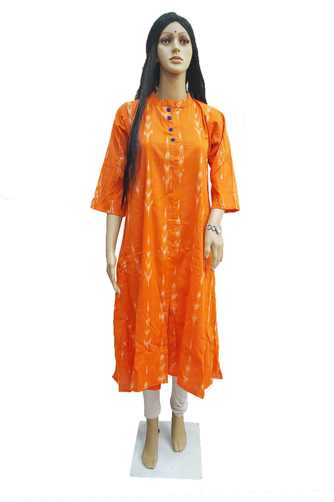Handwoven Ikat cotton kurti in collar neck type in orange