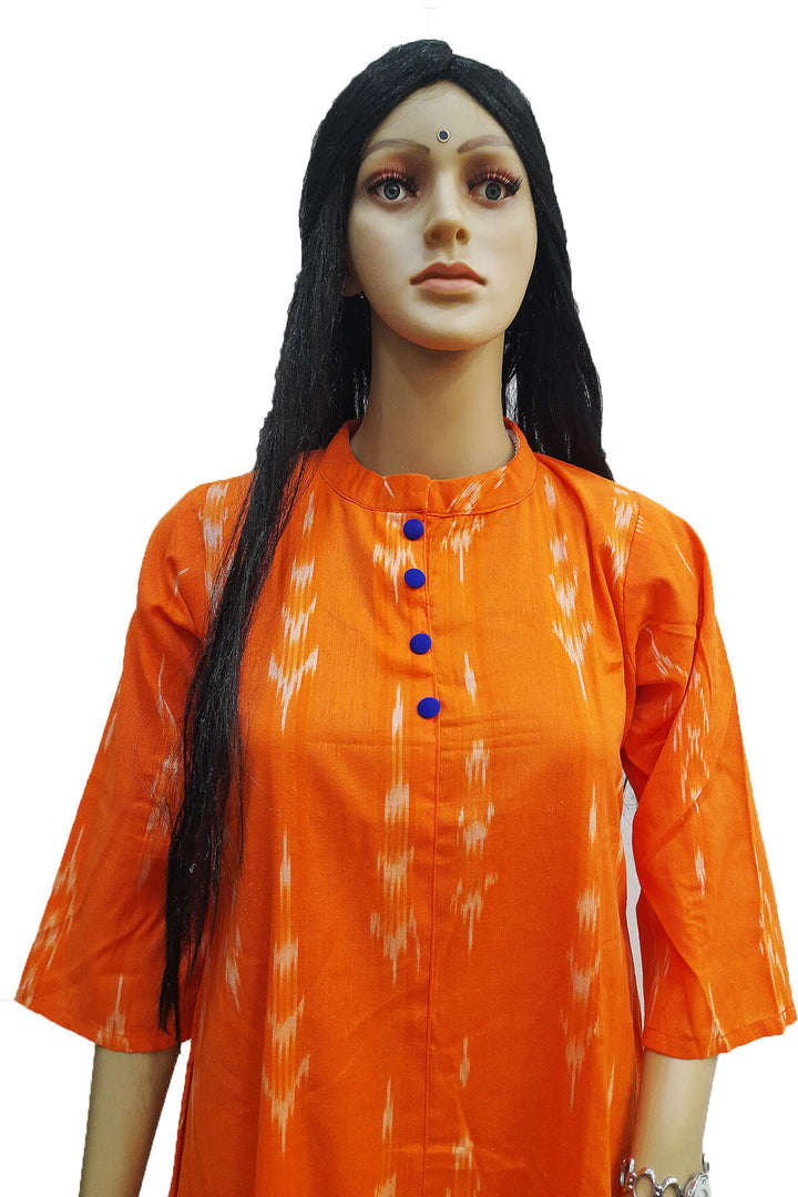 Handwoven Ikat cotton kurti in collar neck type in orange