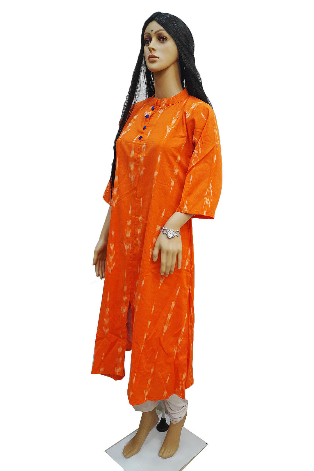Handwoven Ikat cotton kurti in collar neck type in orange