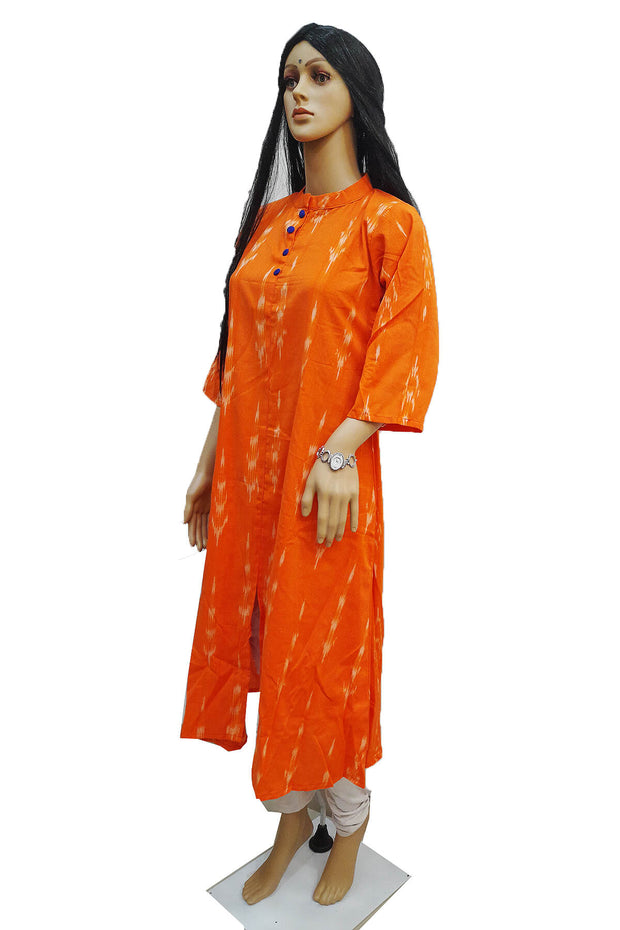 Handwoven Ikat cotton kurta in collar neck type in orange