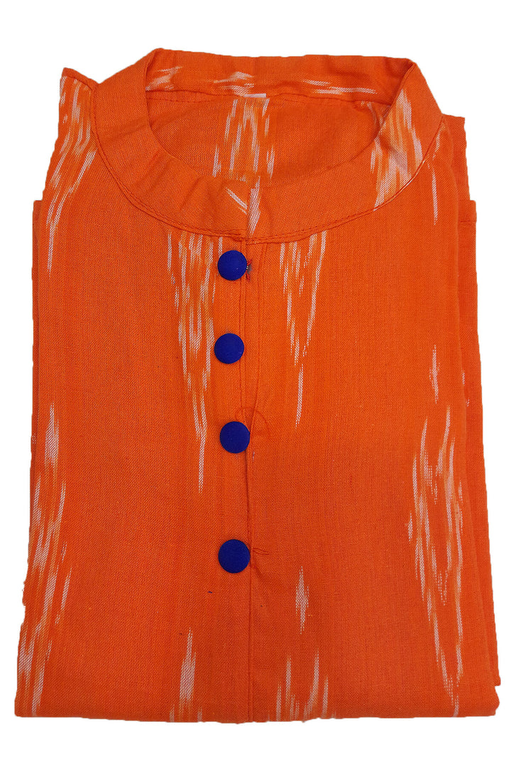 Handwoven Ikat cotton kurti in collar neck type in orange