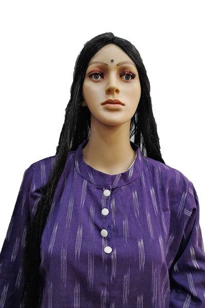 Ikat cotton kurta in collar neck type in purple
