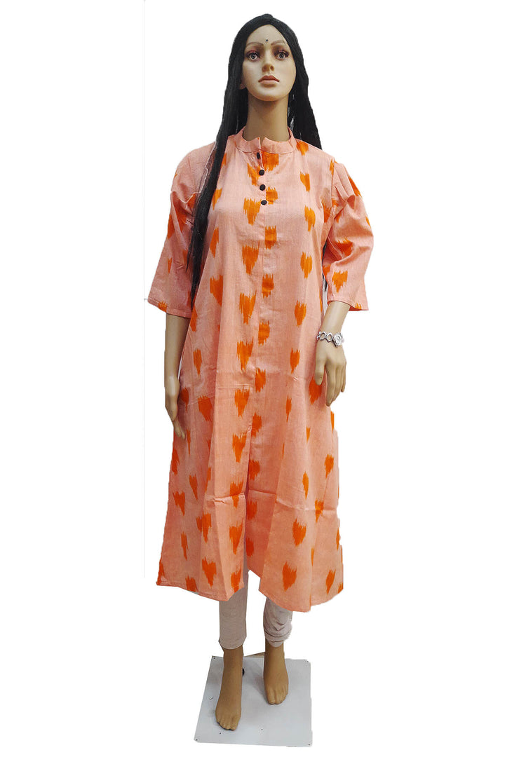 Ikat cotton kurti in collar neck type in peach