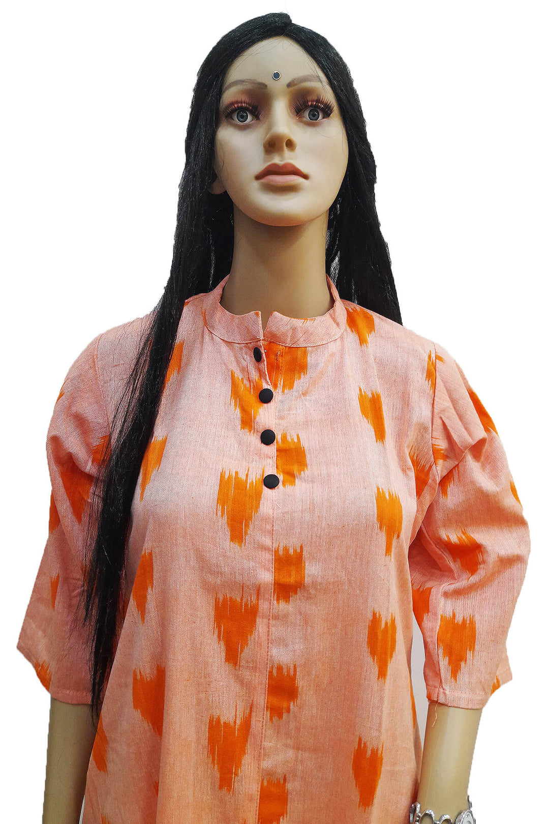 Ikat cotton kurti in collar neck type in peach