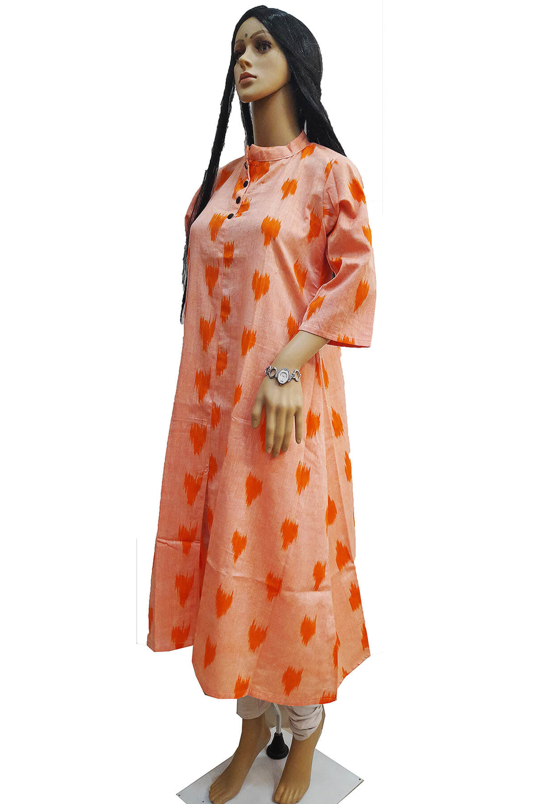 Ikat cotton kurti in collar neck type in peach