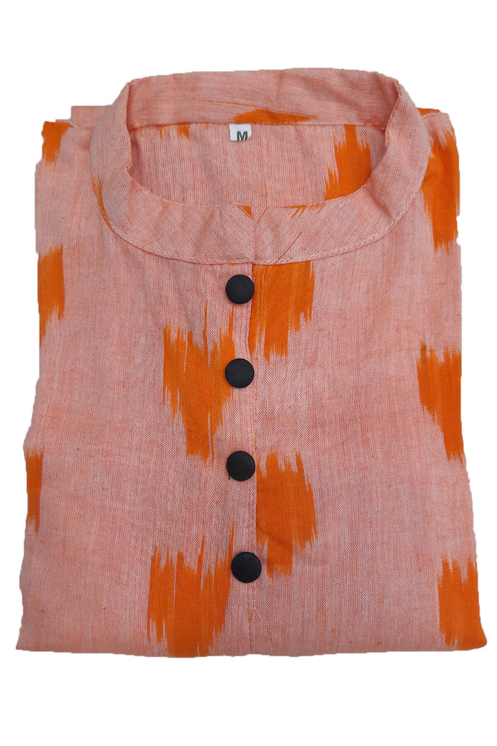 Ikat cotton kurti in collar neck type in peach