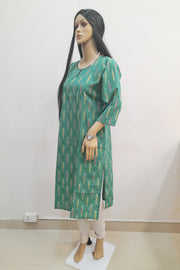 Handwoven ikat cotton kurta in straight cut in green