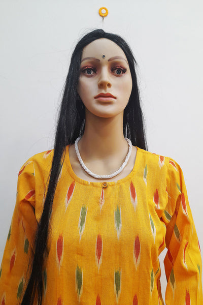 Handwoven ikat cotton kurta in straight cut in yellow