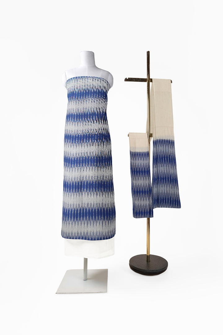 Handwoven Ikat pure cotton 3 piece salwar suit material in blue