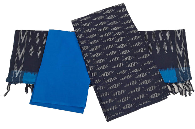 Handwoven Ikat pure cotton 3 piece salwar suit material in navy blue