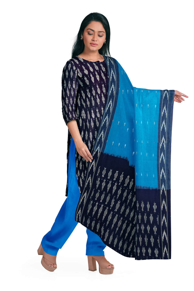 Handwoven Ikat pure cotton 3 piece salwar suit material in navy blue