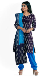 Handwoven Ikat pure cotton 3 piece salwar suit material in navy blue