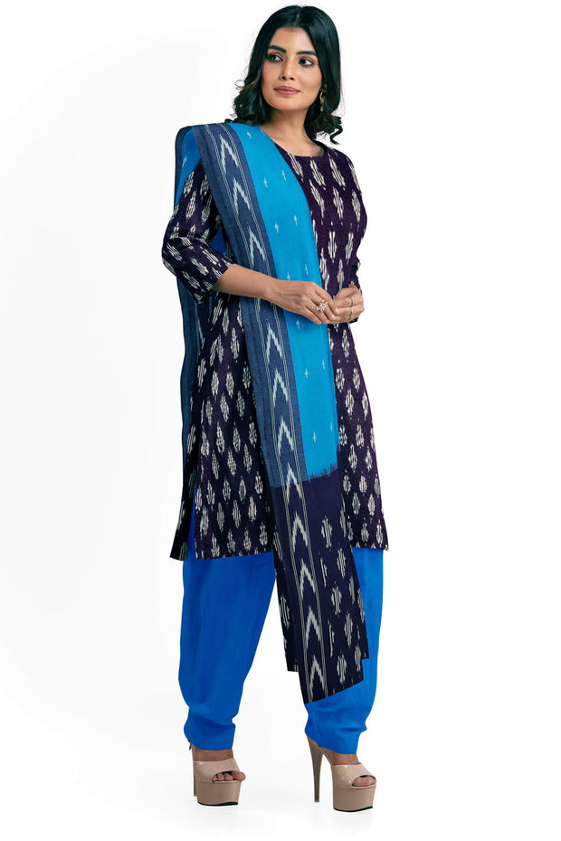 Handwoven Ikat pure cotton 3 piece salwar suit material in navy blue