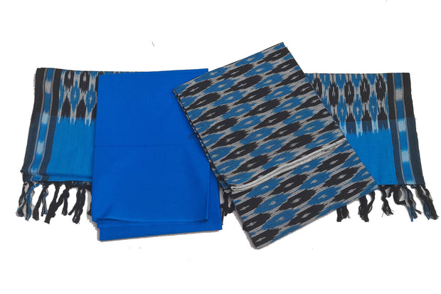Handwoven Ikat pure cotton 3 piece salwar suit material in blue & black