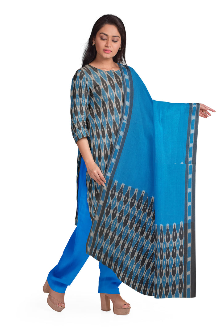 Handwoven Ikat pure cotton 3 piece salwar suit material in blue & black