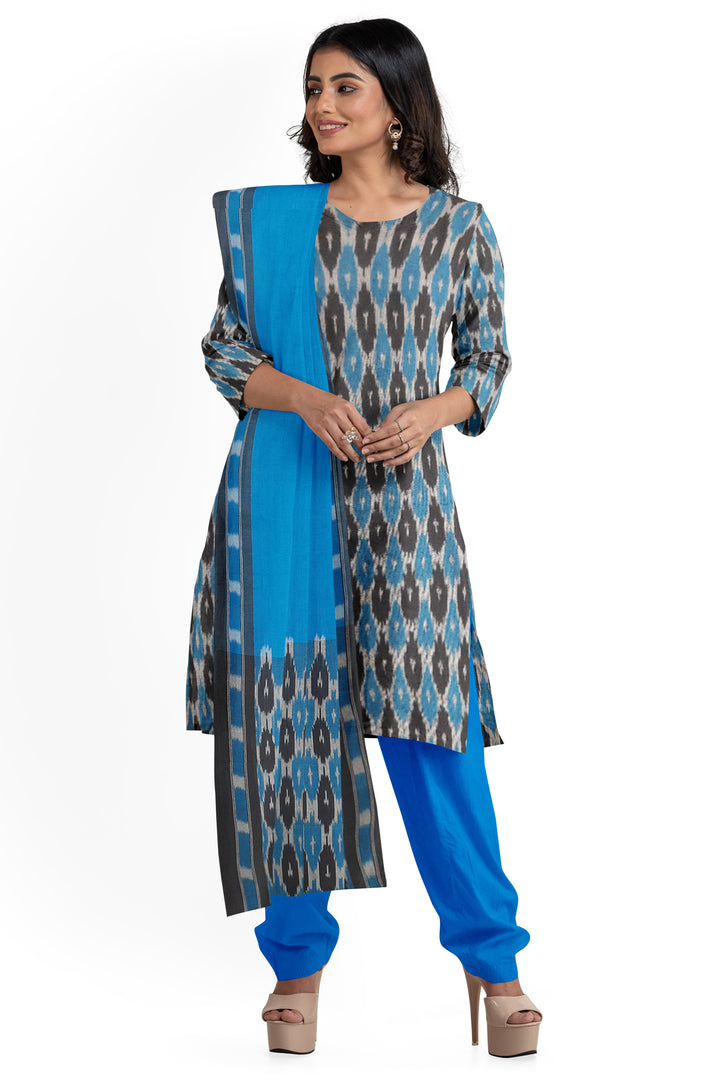 Handwoven Ikat pure cotton 3 piece salwar suit material in blue & black