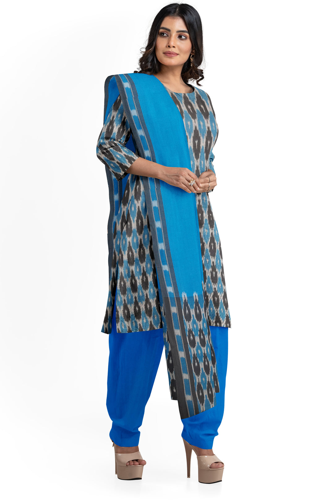 Handwoven Ikat pure cotton 3 piece salwar suit material in blue & black