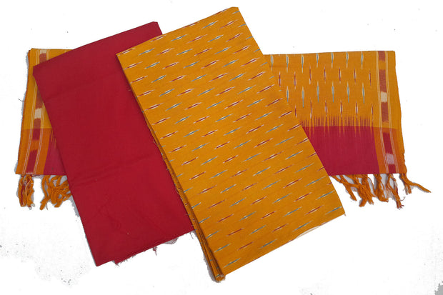 Handwoven Ikat pure cotton 3 piece salwar suit material in yellow & red