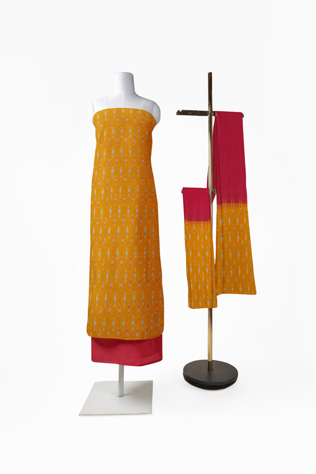 Handwoven Ikat pure cotton 3 piece salwar suit material in yellow & red