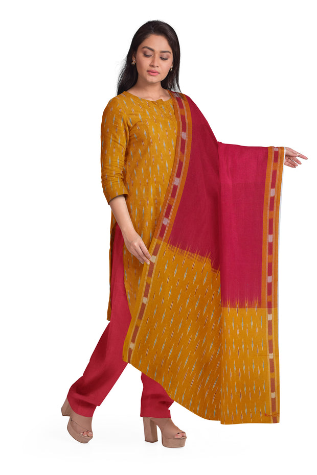 Handwoven Ikat pure cotton 3 piece salwar suit material in yellow & red