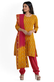 Handwoven Ikat pure cotton 3 piece salwar suit material in yellow & red
