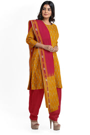 Handwoven Ikat pure cotton 3 piece salwar suit material in yellow & red