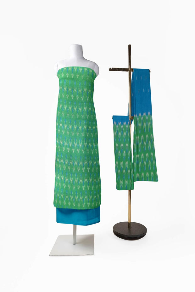 Handwoven Ikat cotton salwar suit material in green & blue