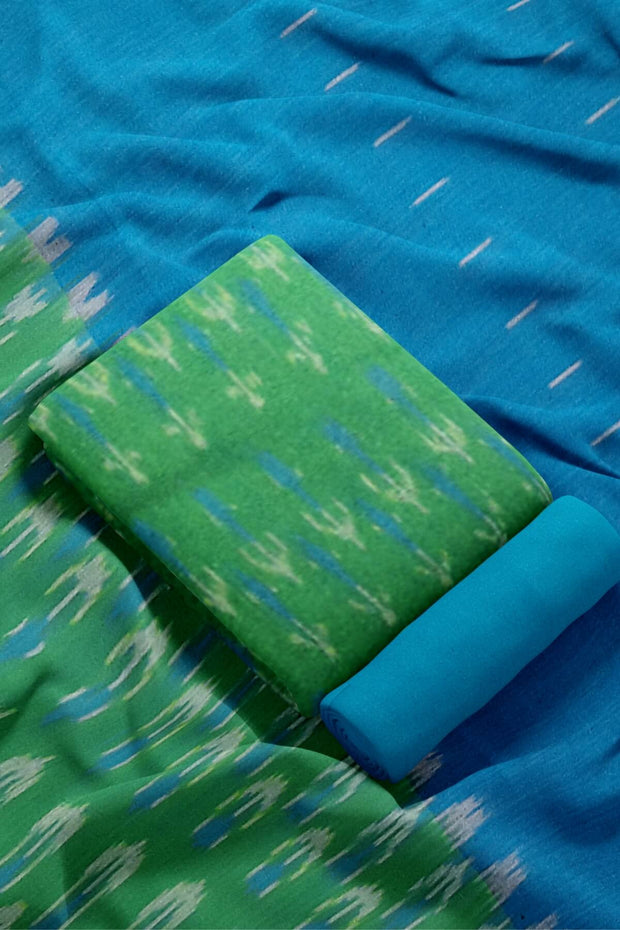 Handwoven Ikat cotton salwar suit material in green & blue