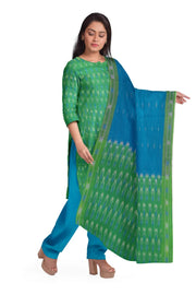 Handwoven Ikat cotton salwar suit material in green & blue