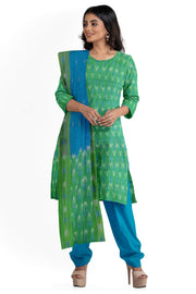 Handwoven Ikat cotton salwar suit material in green & blue
