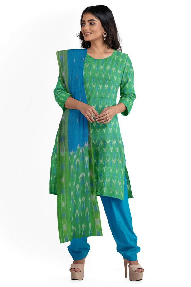 Handwoven Ikat cotton salwar suit material in green & blue