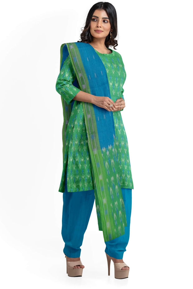 Handwoven Ikat cotton salwar suit material in green & blue