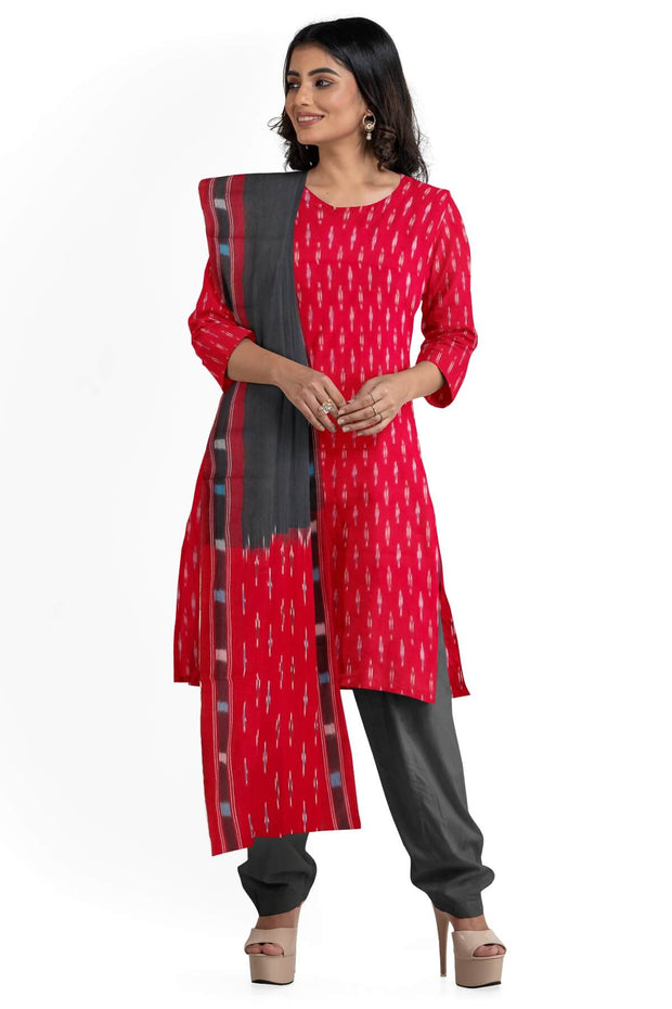 Handwoven Ikat cotton salwar suit material in red & black