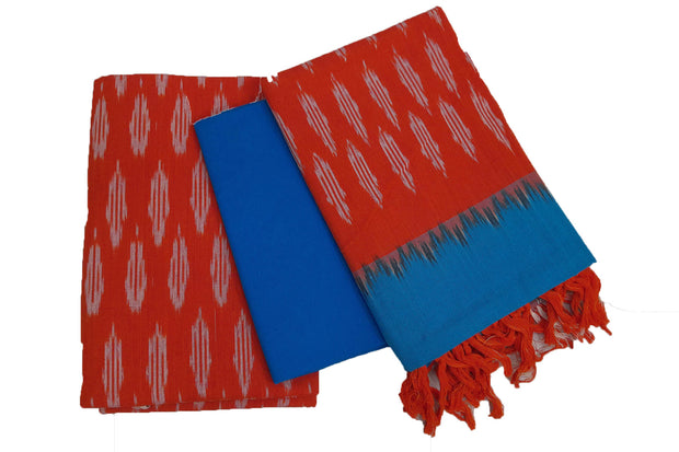 Handwoven Ikat cotton salwar suit material in orange & blue