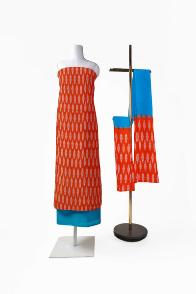 Handwoven Ikat cotton salwar suit material in orange & blue