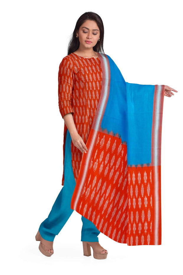 Handwoven Ikat cotton salwar suit material in orange & blue