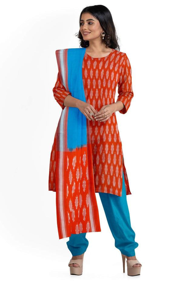 Handwoven Ikat cotton salwar suit material in orange & blue