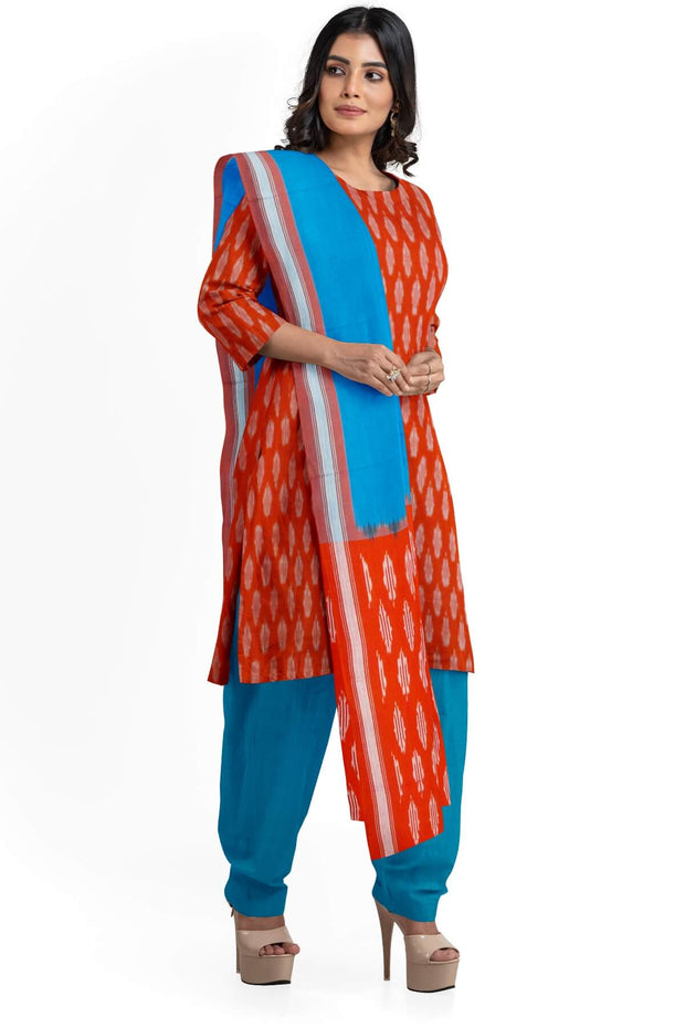 Handwoven Ikat cotton salwar suit material in orange & blue