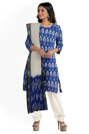 Handwoven Ikat cotton salwar suit material in blue & white