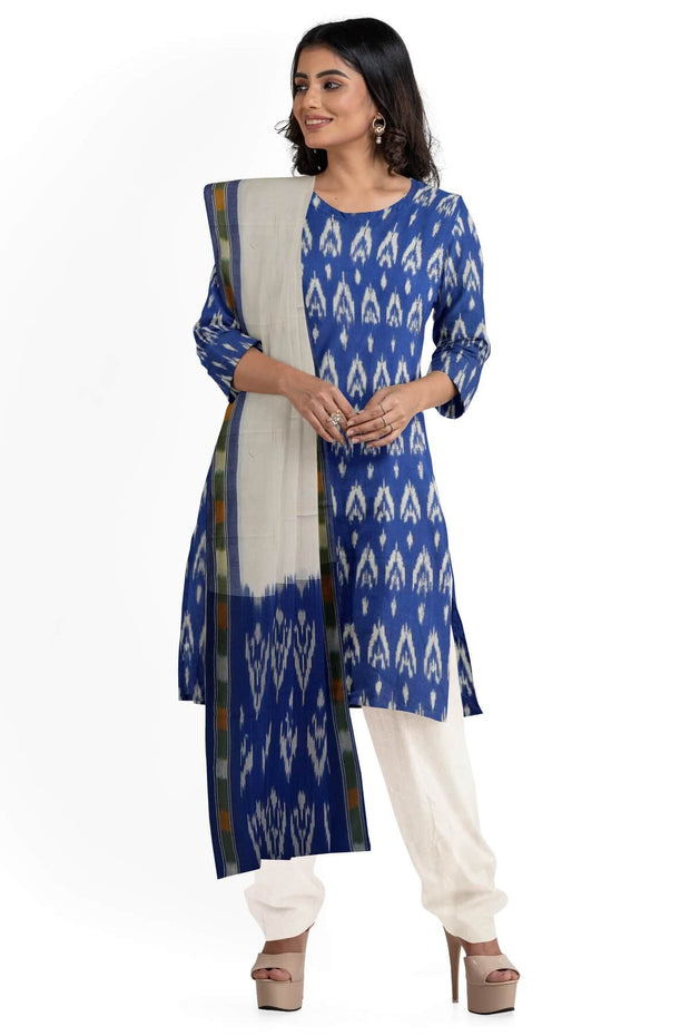 Handwoven Ikat cotton salwar suit material in blue & white