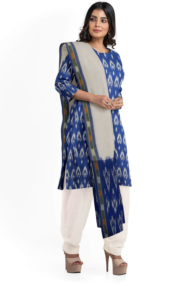 Handwoven Ikat cotton salwar suit material in blue & white