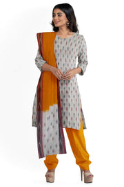 Handwoven Ikat cotton salwar suit material in off white & yellow