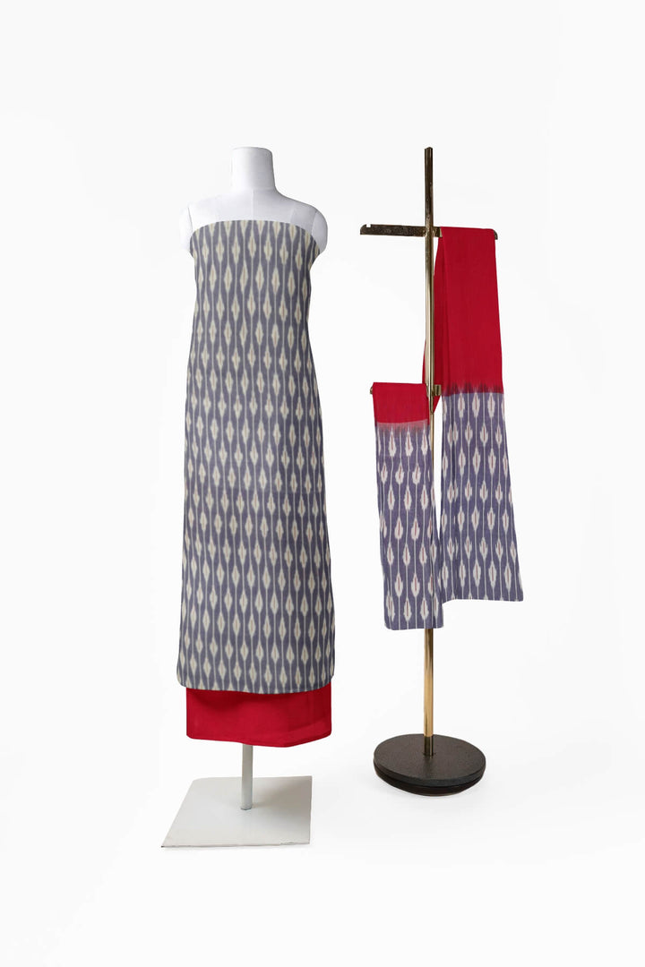 Handwoven Ikat cotton salwar suit material in lavender & red