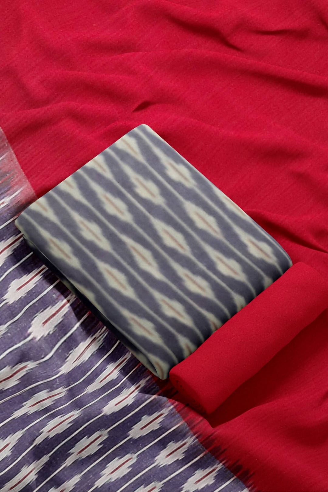 Handwoven Ikat cotton salwar suit material in lavender & red