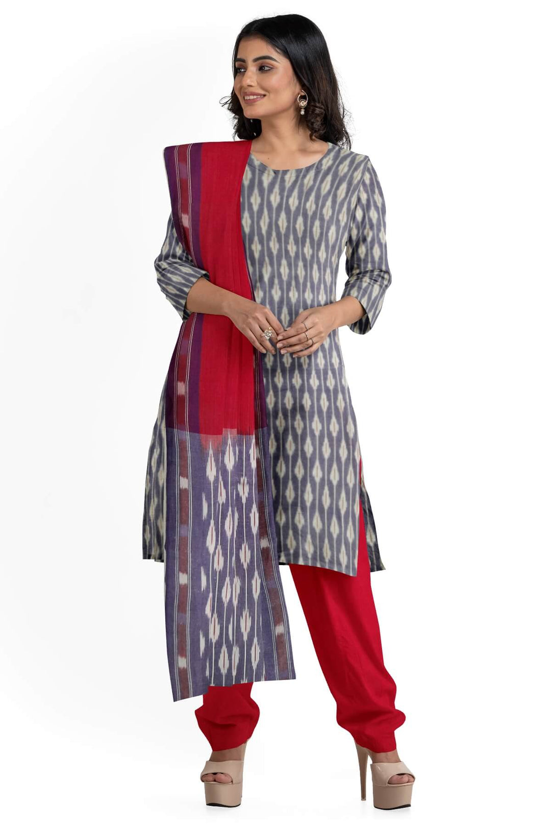 Handwoven Ikat cotton salwar suit material in lavender & red