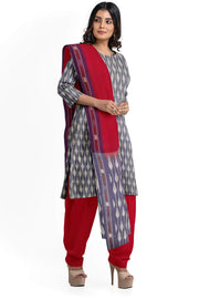 Handwoven Ikat cotton salwar suit material in lavender & red