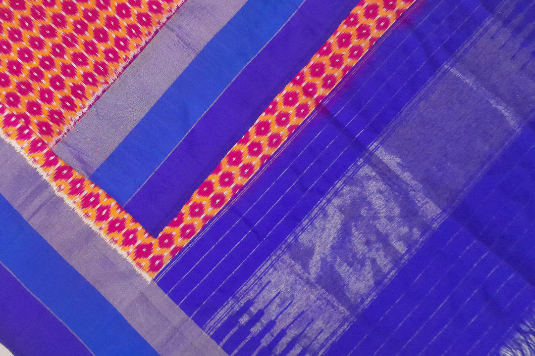 Handwoven Ikat pure silk dupatta in red with small motifs and blue pallu