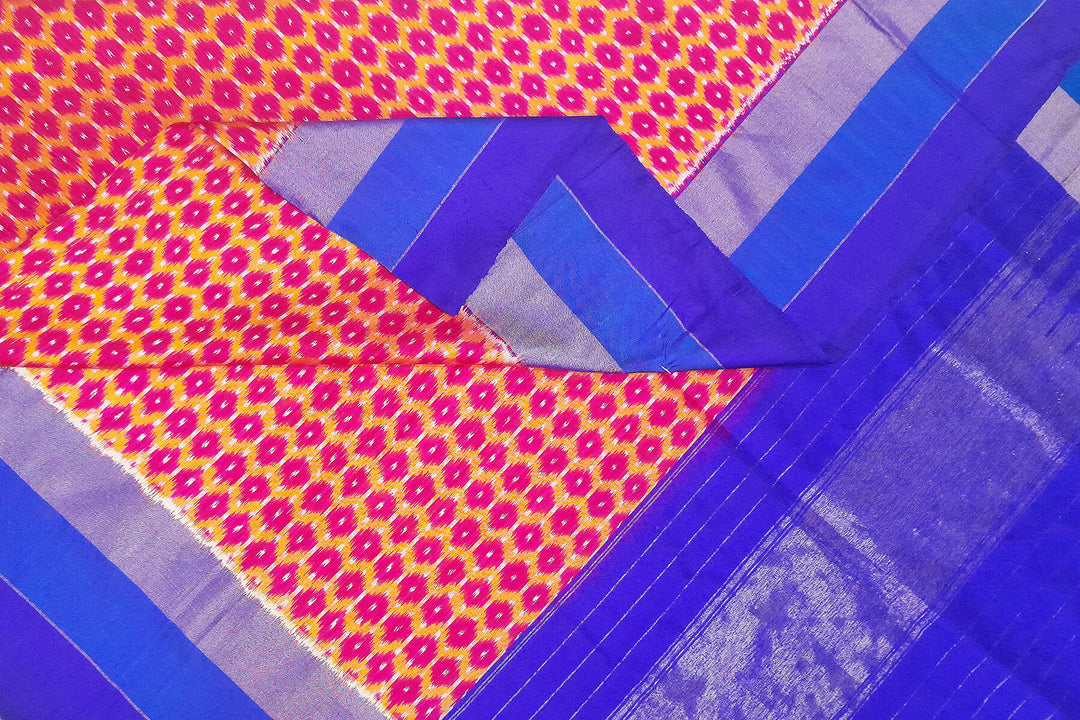 Handwoven Ikat pure silk dupatta in red with small motifs and blue pallu