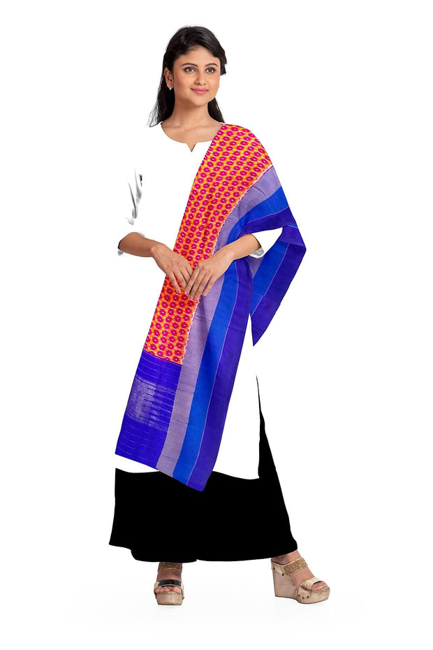 Handloom Ikat pure silk dupatta in red with small motifs and blue pallu