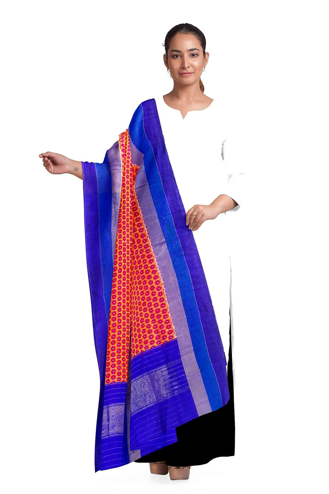 Handwoven Ikat pure silk dupatta in red with small motifs and blue pallu